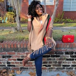 Red and Green Stripe Poncho Fring Shawl